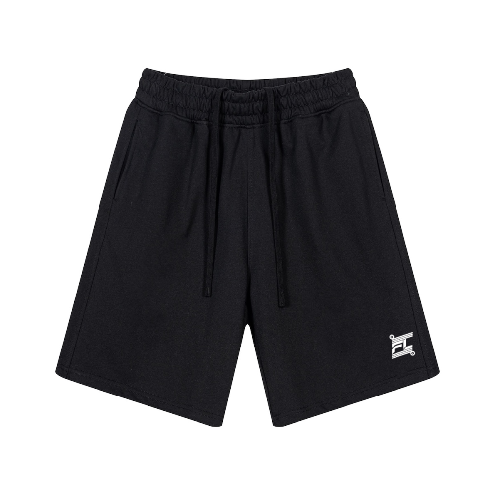 Short en coton noir avec taille élastique, longs cordons et poches latérales.