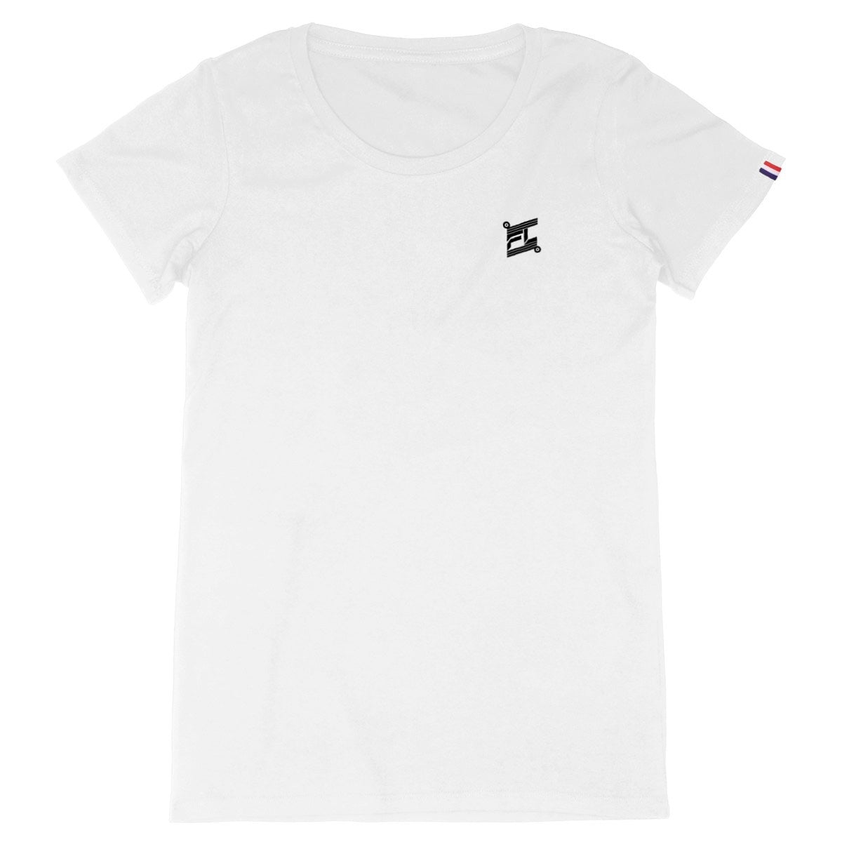 Face avant d'un t-shirt français et fabriqué en france avec un logo floqué noir sur la poitrine et le drapeau français sur la manche gauche 
