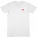 Face avant d'un t-shirt français et fabriqué en france avec un logo floqué rouge sur la poitrine et le drapeau français sur la manche gauche 