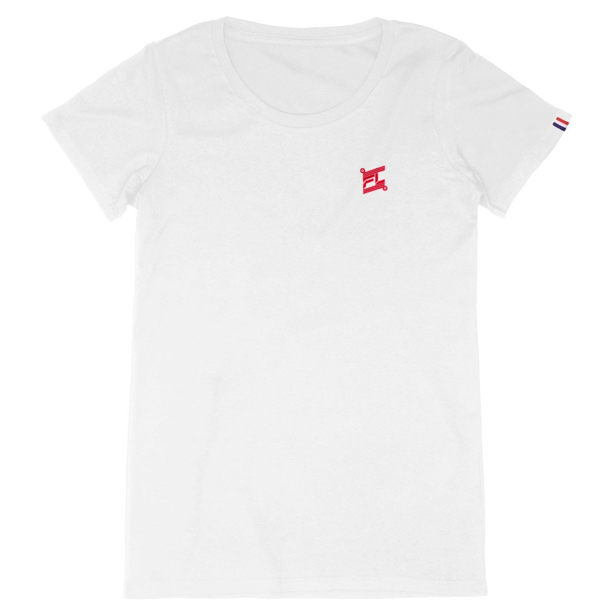 Face avant d'un t-shirt français et fabriqué en france avec un logo floqué rouge sur la poitrine et le drapeau français sur la manche gauche 
